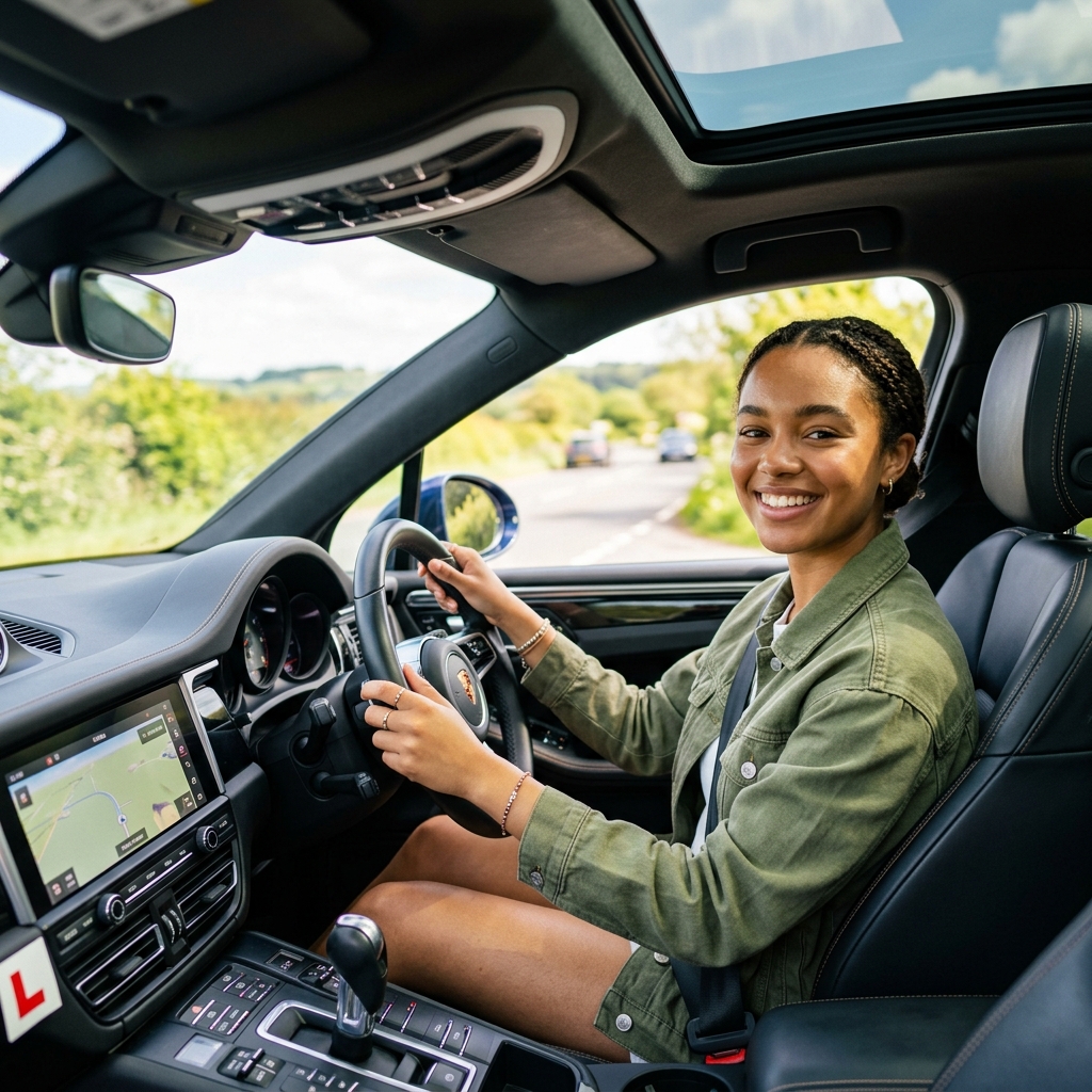 Direksiyon başında mutlu stajyer sürücü